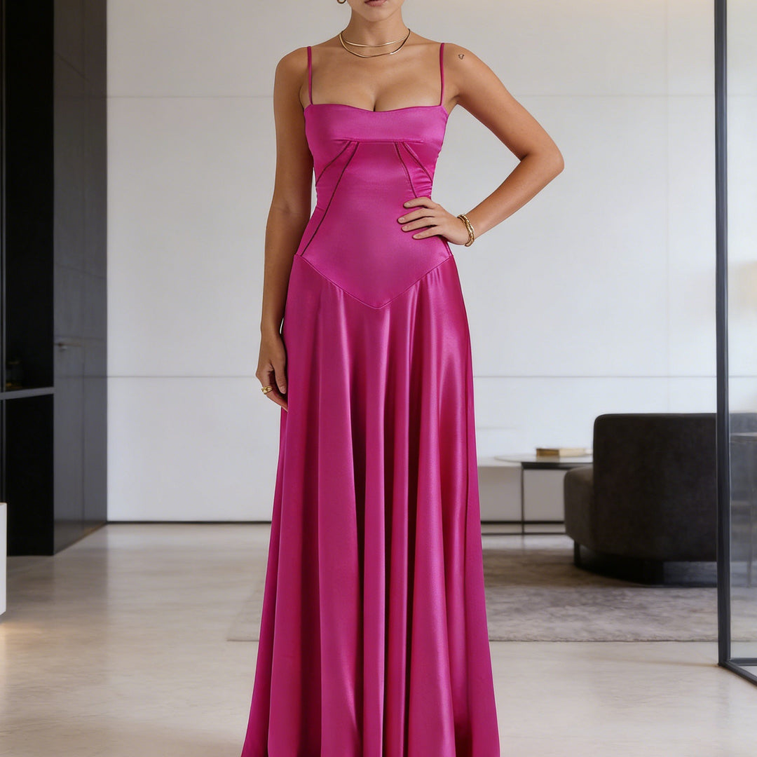 Women's elegant evening gown with floral print bodice and delicate spaghetti straps Skjora