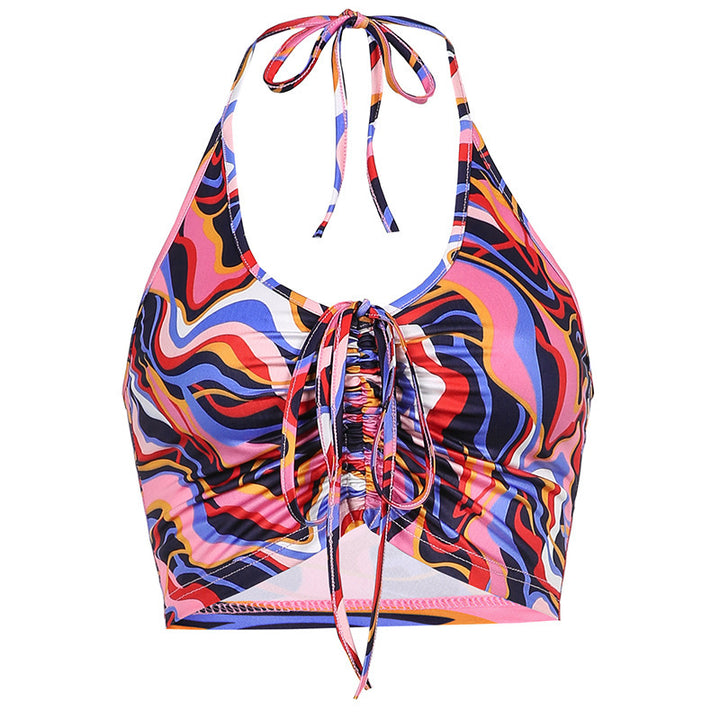 Dame Crop-Bikini-Oberteil mit Kordelzug und fargerikt design Skjora
