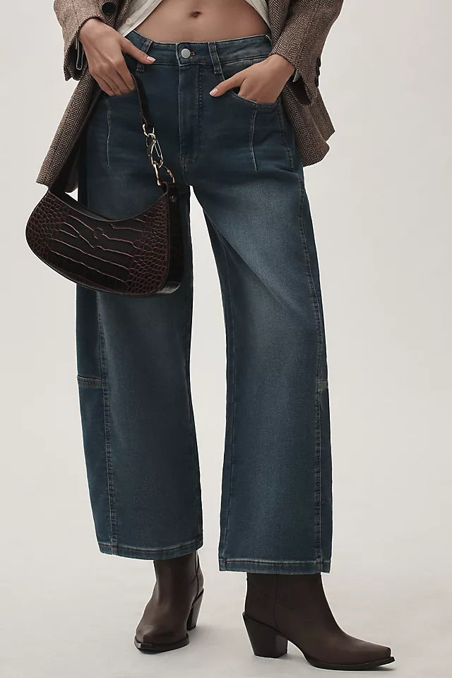 Dame baggy denimbukser i moderne snitt med høy midje Skjora