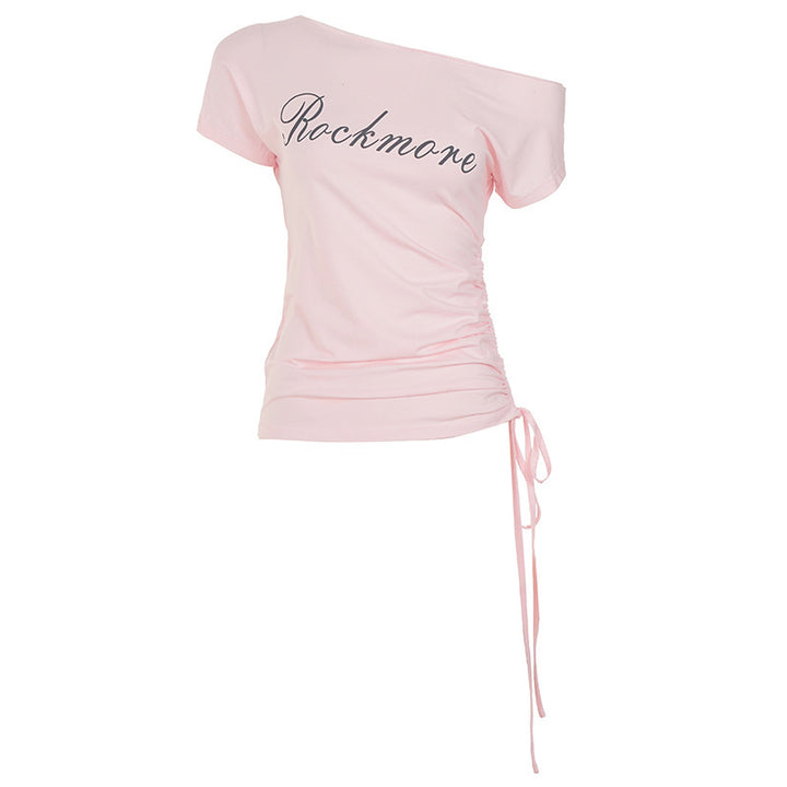 Damer Off-Shoulder T-skjorte med rynker og trendy trykk Skjora