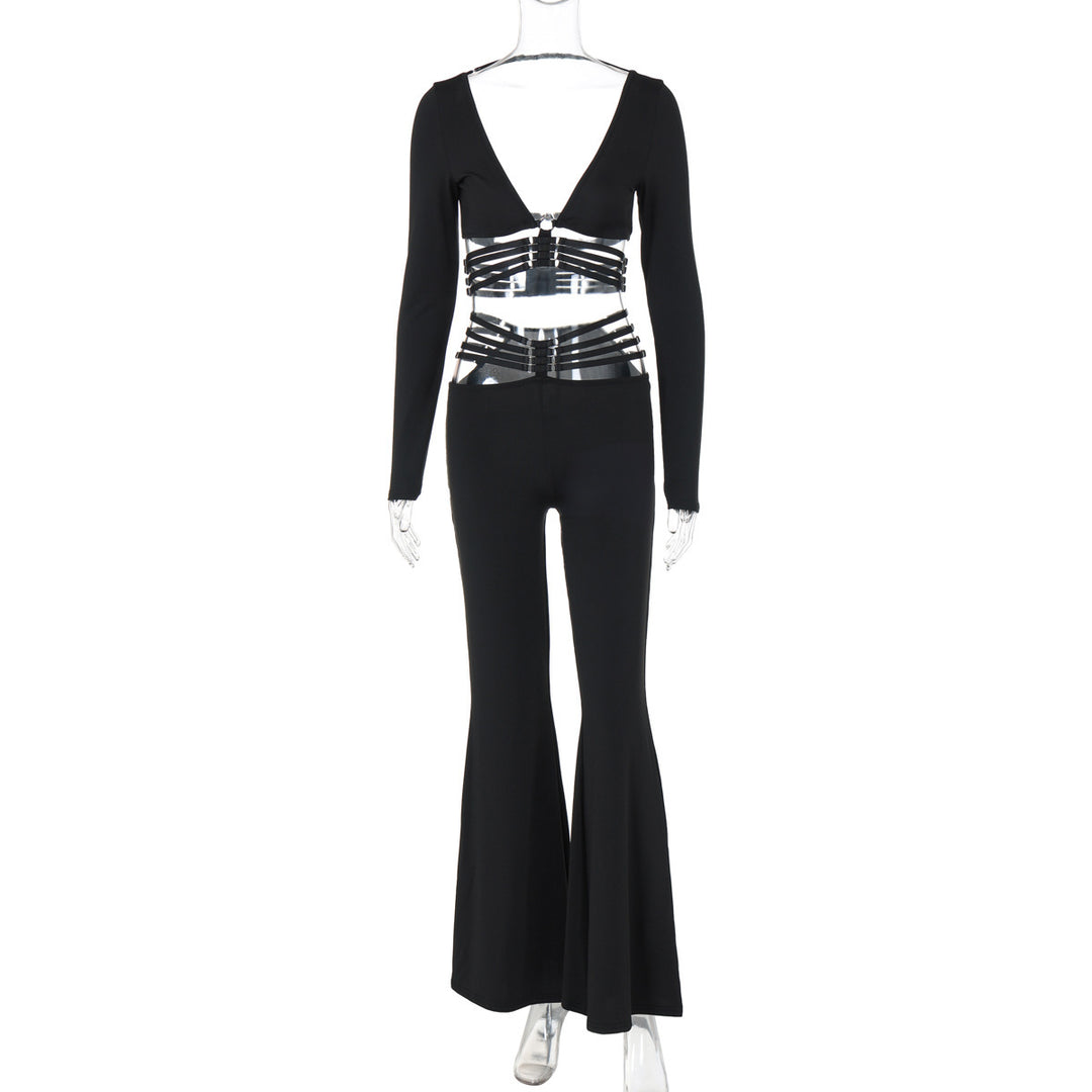 Dame modisk jumpsuit med dyp V-hals og flytende bein Skjora