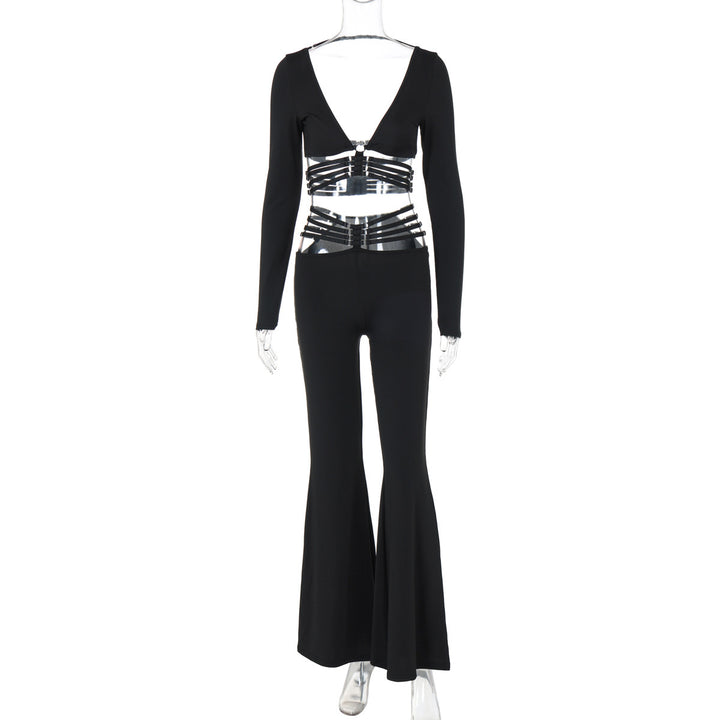 Dame modisk jumpsuit med dyp V-hals og flytende bein Skjora
