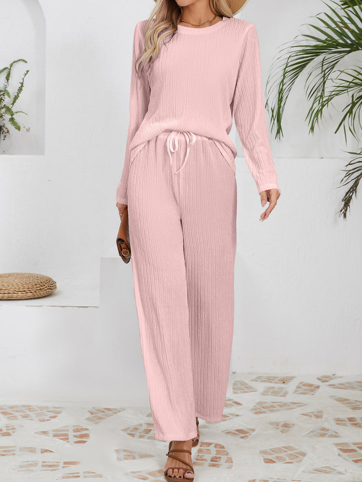 Kvinne Cozy Casual Fritidssett med Ribbet Tekstur og Elastisk Livlinje Skjora