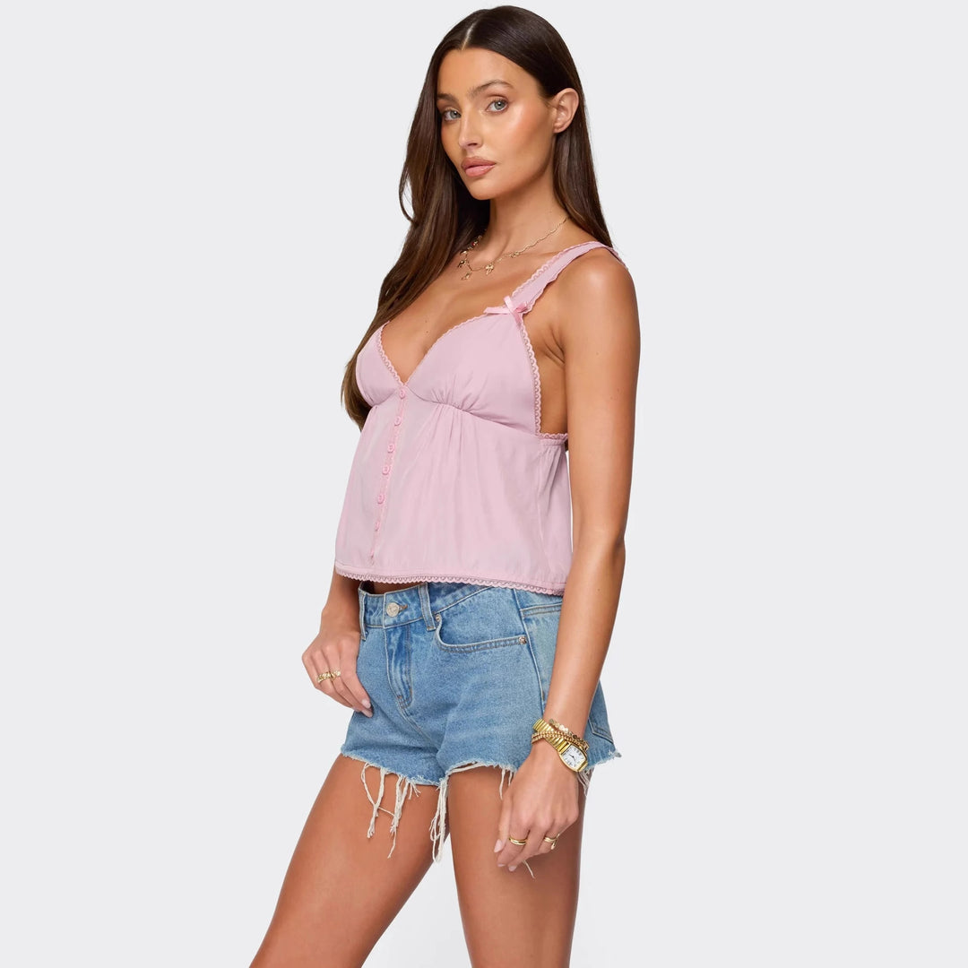 Damen Crop-Top aus feiner Baumwolle mit dekorativen Knopfdetails Skjora