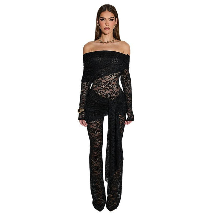 Dame Elegant blond jumpsuit med off-shoulder design og innpakningseffekt Skjora