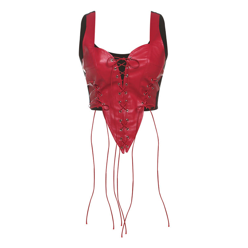Dame Læder-Corset-Top med snøring og asymmetrisk snitt Skjora