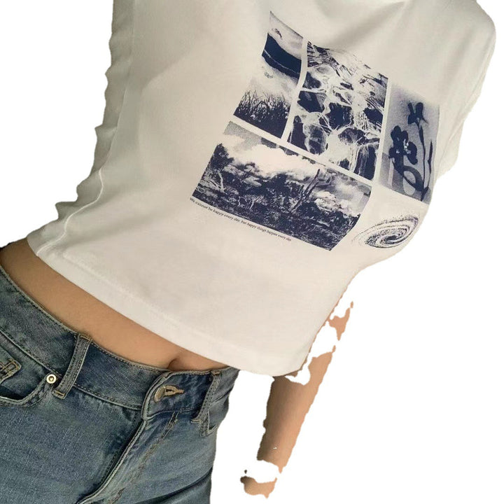 Damer Cropped T-skjorte med kreativ grafisk design Skjora