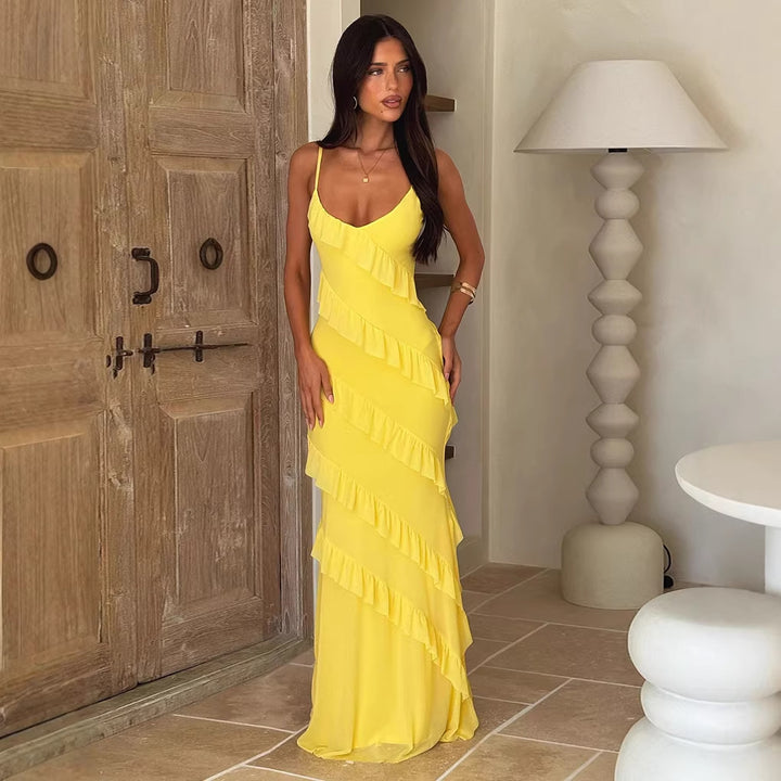 Dame maxi kjole med elegant volangdesign og justerbare stropper Skjora