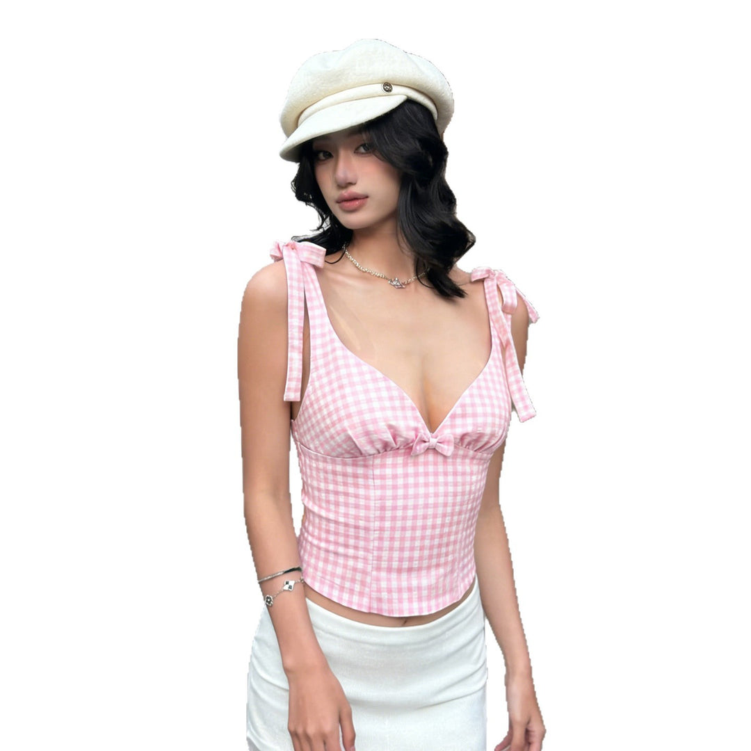 Dame Gingham Crop-Topp med søte sløyfedetaljer Skjora