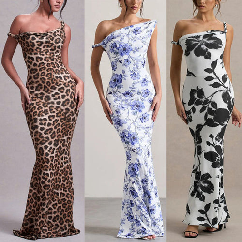 Dame Langerm Maxi Kjole i elegant Leopardsmønster Skjora