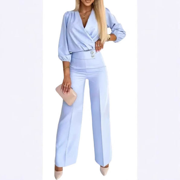 Kvinne elegant jumpsuit med omslagstopp og høyt liv ben Skjora