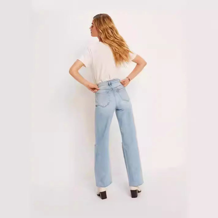 Dame Høyhånd Jeans med frynset søm og trendy hulldetaljer Skjora