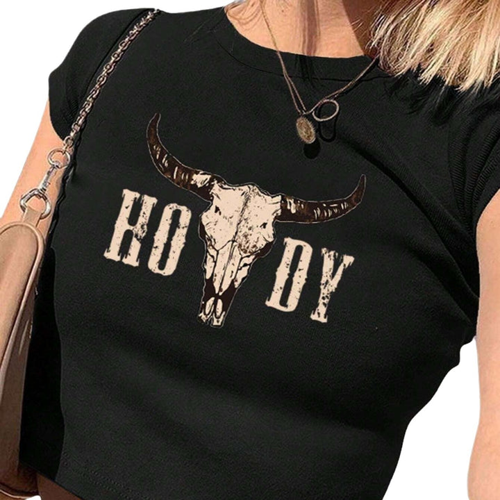 Dame Crop-T-skjorte med kreativ Cow Skull-design Skjora