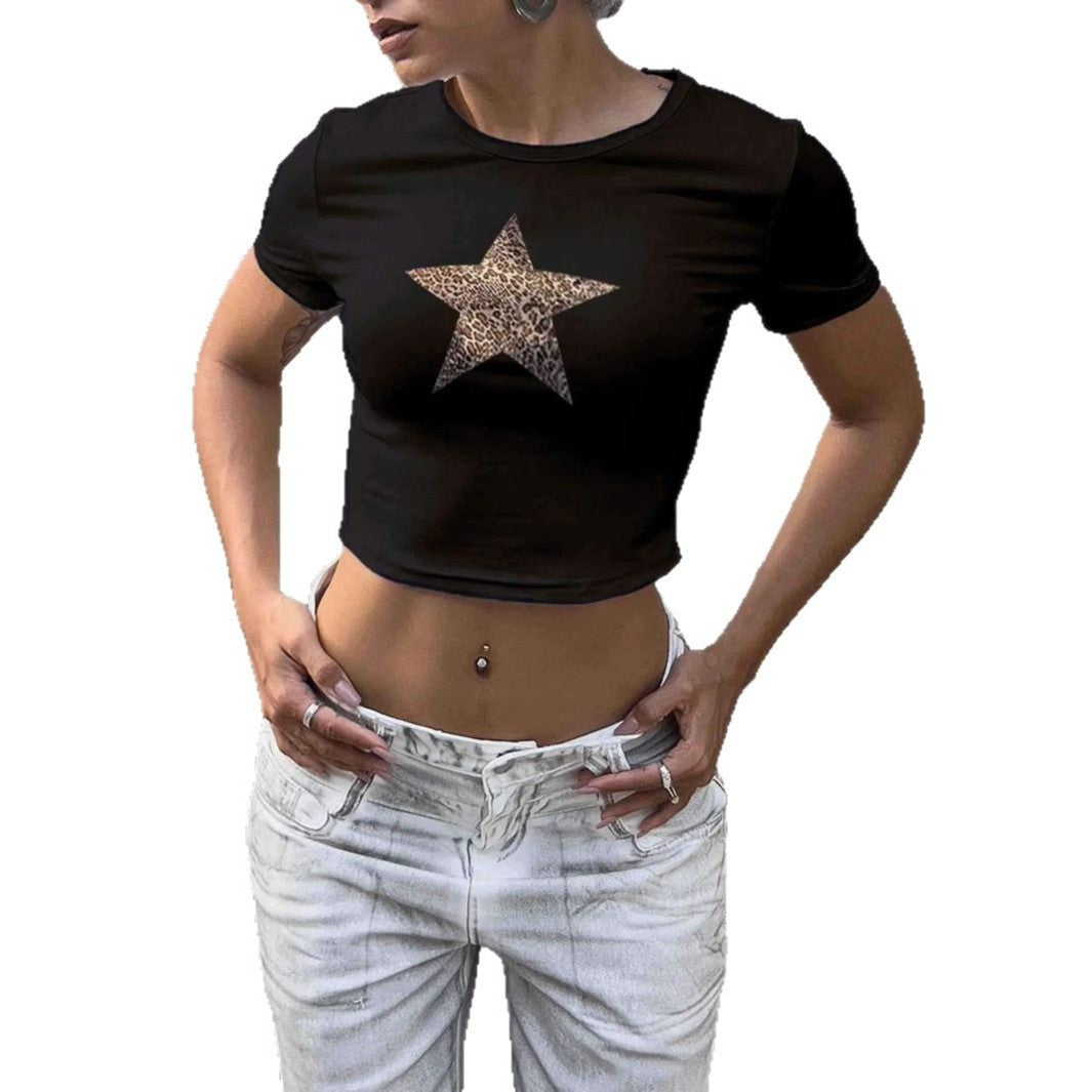 Dame Crop-T-skjorte med stilfullt leopardstjernedesign Skjora