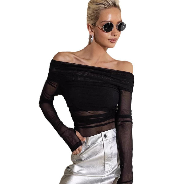 Women's Off-the-Shoulder Long-Sleeve Top made of transparent mesh material Skjora