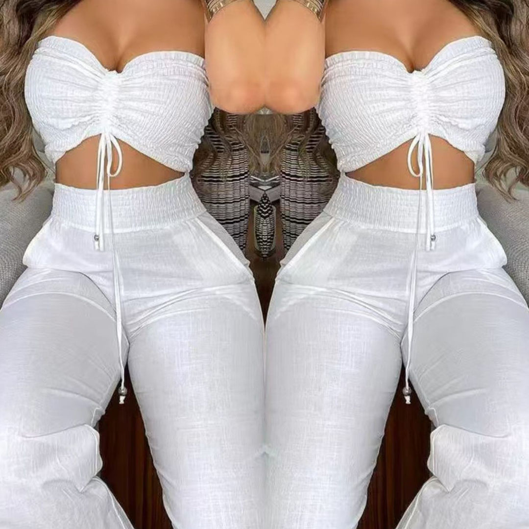 Dame To-delt Outfit laget av lett materiale med justerbar Crop-top og høy midje bukse Skjora