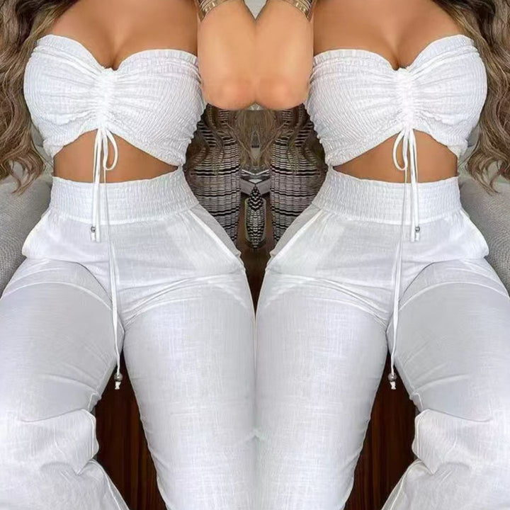 Dame To-delt Outfit laget av lett materiale med justerbar Crop-top og høy midje bukse Skjora