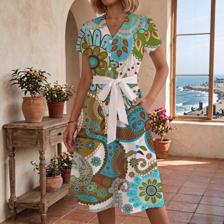 Damen Midikleid mit floralem Motiv und Taillengürtel Skjora