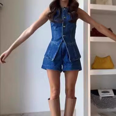Dame Denim Overall med stilig snitt og knappdetaljer Skjora