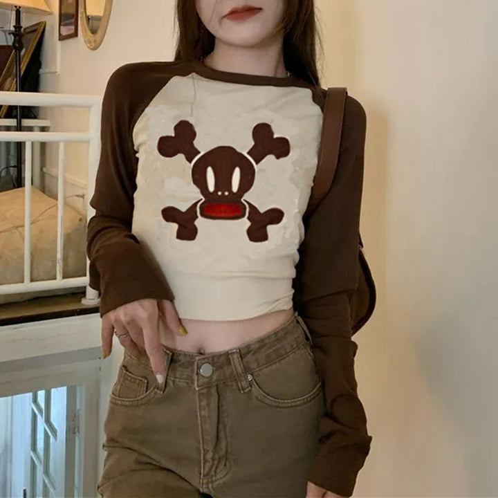 Dame trendy Raglan-crop-top med hodeskalle-trykk Skjora