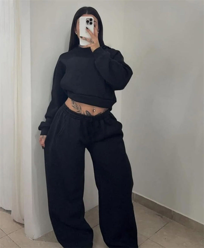 Kvinnens Casual Crop Top og Bred Joggebukse Sett Skjora