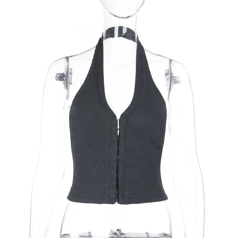 Dame Crop-Top med dyp V-hals og elegant glidelås Skjora