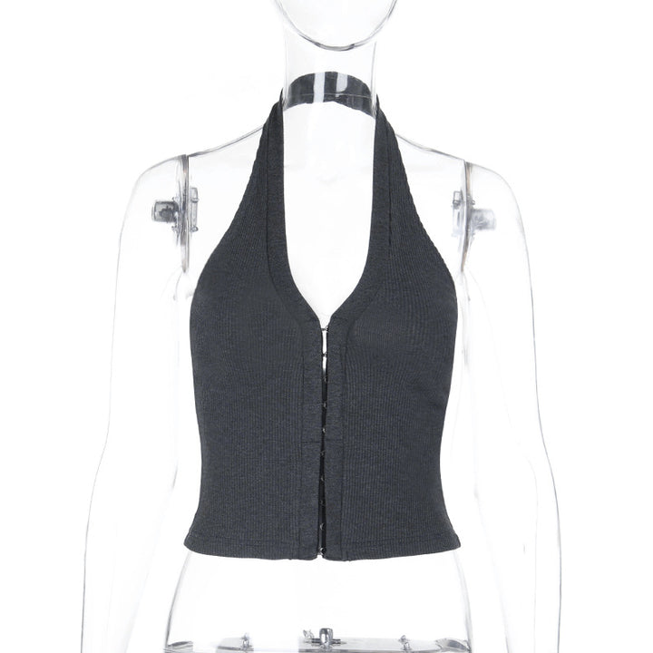 Dame Crop-Top med dyp V-hals og elegant glidelås Skjora