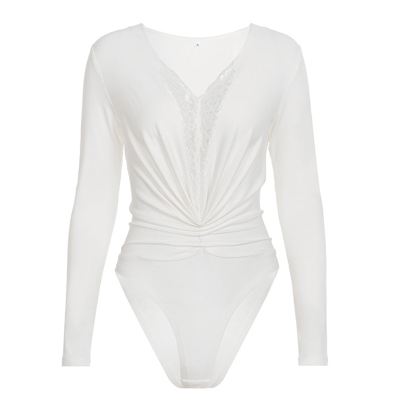 Dame bodysuit med dyp V-hals og elegant rynkedetalj Skjora