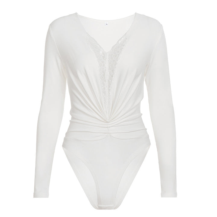 Dame bodysuit med dyp V-hals og elegant rynkedetalj Skjora