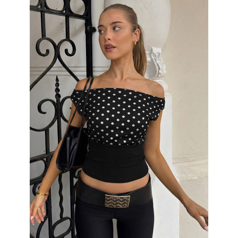 Dame Off-Shoulder Polka-Prikket Top med elastisk belte Skjora