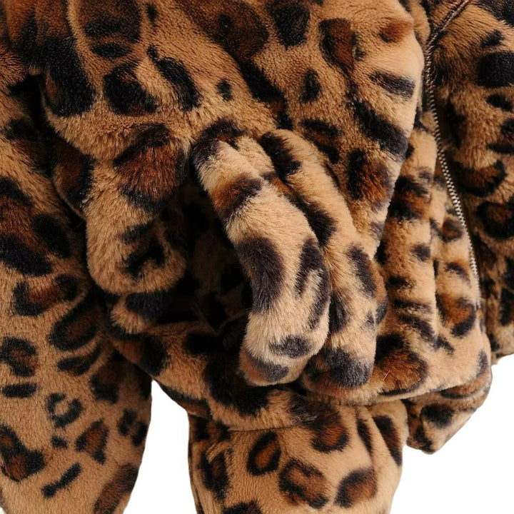 Kvinne Fluffy Leopard Print Jakke med Glidelås Skjora