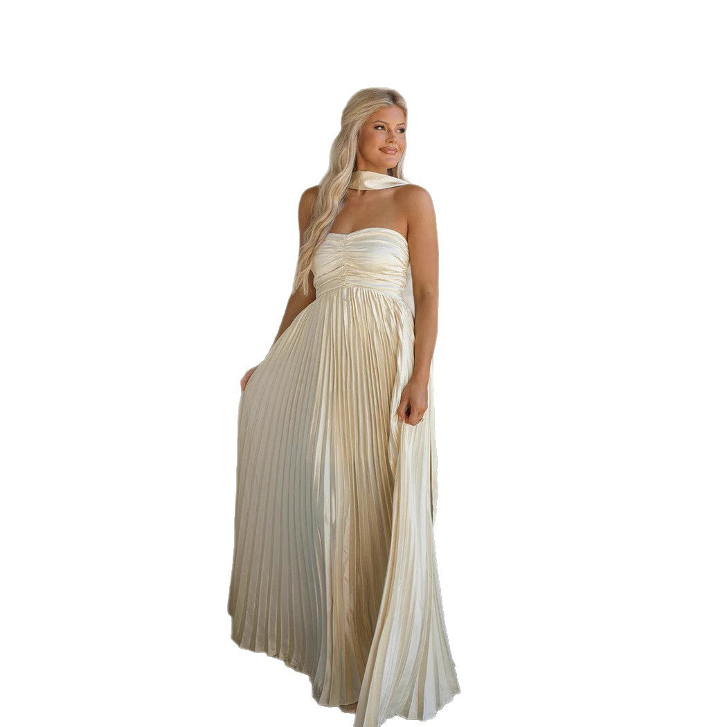 Kvindernes langærmede maxi kjole med elegant plisseret nederdel og off-shoulder silhuet