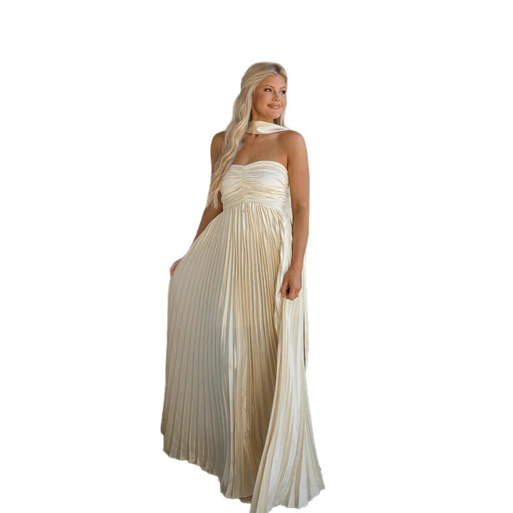 Kvindernes langærmede maxi kjole med elegant plisseret nederdel og off-shoulder silhuet