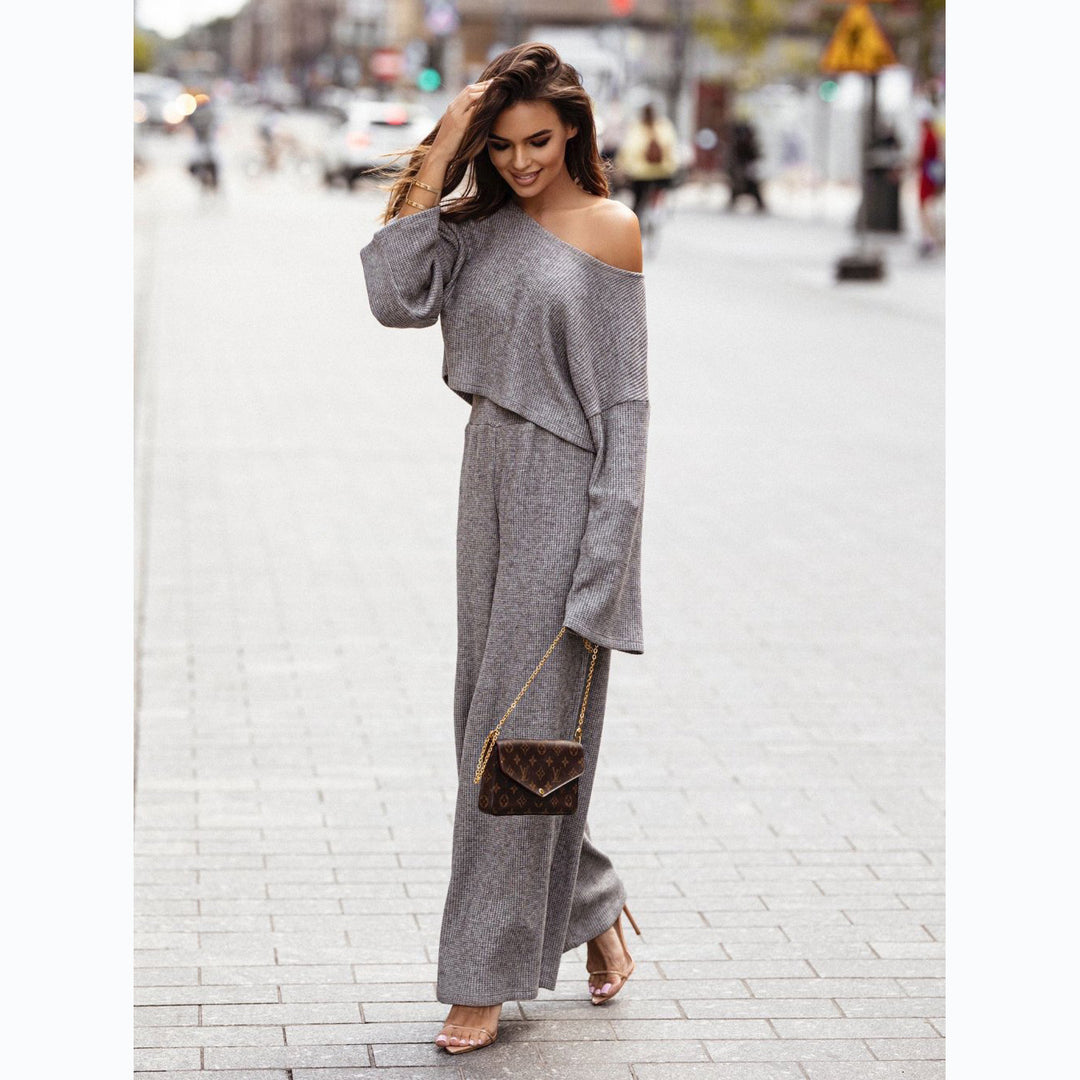 Kvinne Casual To-delt Sett med Myk Stoff og Mote Oversized Ermer
