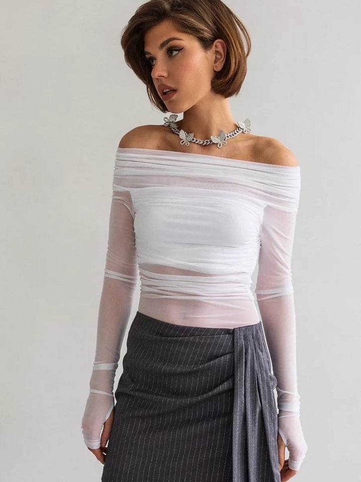 Women's Off-the-Shoulder Long-Sleeve Top made of transparent mesh material Skjora