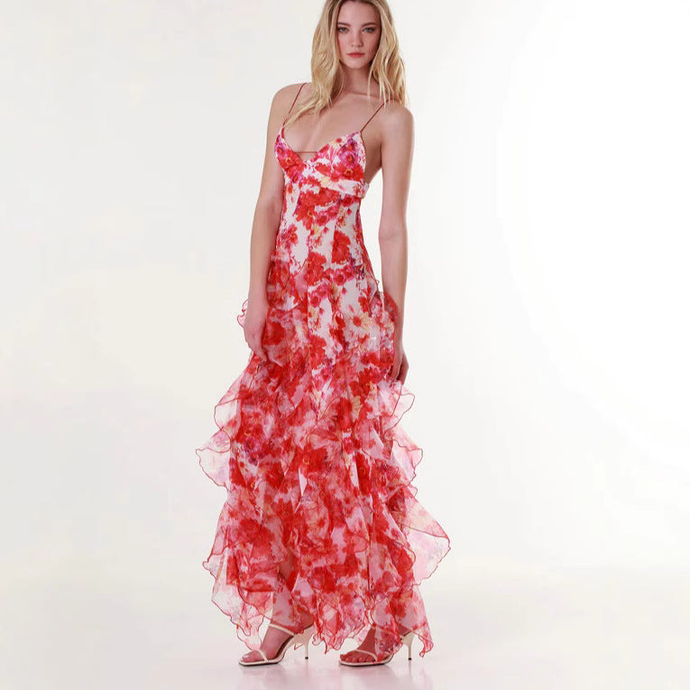 Dames Flytende Chiffon Maxi Kjole med Volangdetaljer og Blomsterakenter Skjora