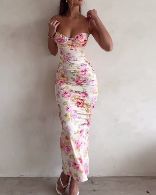 Dame Elegant Sommer Maxi Kjole med Blomsterdesign og Slim Fit