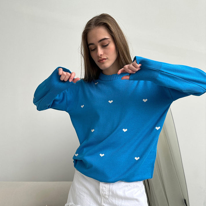 Damer koselig oversized genser med hjerte mønster Skjora