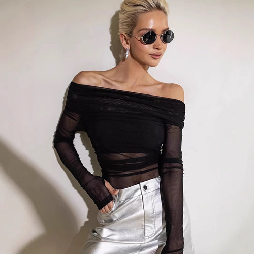 Women's Off-the-Shoulder Long-Sleeve Top made of transparent mesh material Skjora