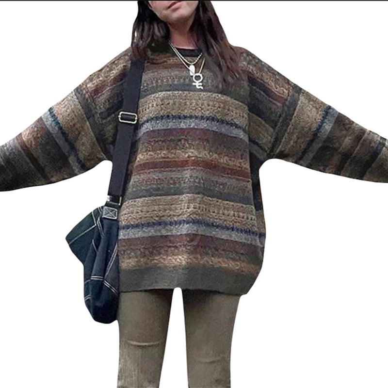 Damer koselig oversized genser med fargerik stripete mønster og brede ermer Skjora