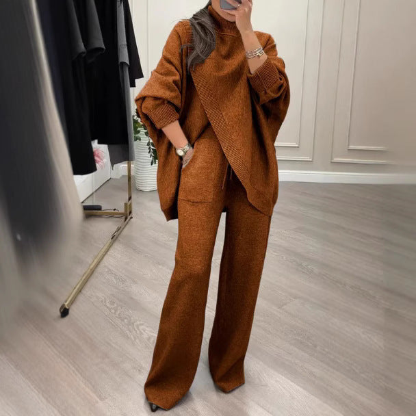 Kvinnelig Cozy Knit Ensemble med Oversized Genser og Vide Bukser Skjora