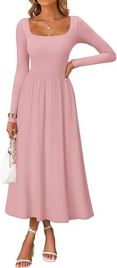 Women's elegant midi dress with square neckline and long sleeves Skjora