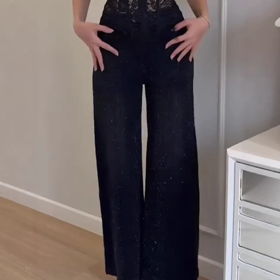 Kvinnelig glitrende vid-cut jeans med elegant tekstur Skjora