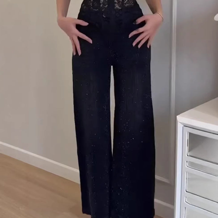 Kvinnelig glitrende vid-cut jeans med elegant tekstur Skjora