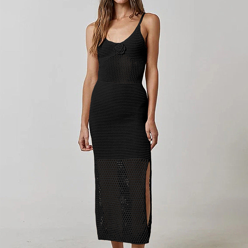 Damen Häkel-Strandkleid mit durchbrochenem Design und tiefem Schlitz Skjora