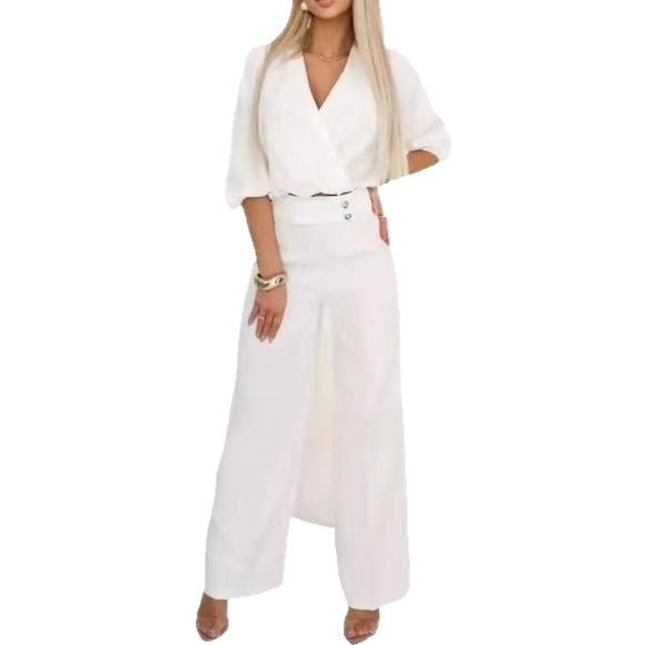 Kvinne elegant jumpsuit med omslagstopp og høyt liv ben Skjora