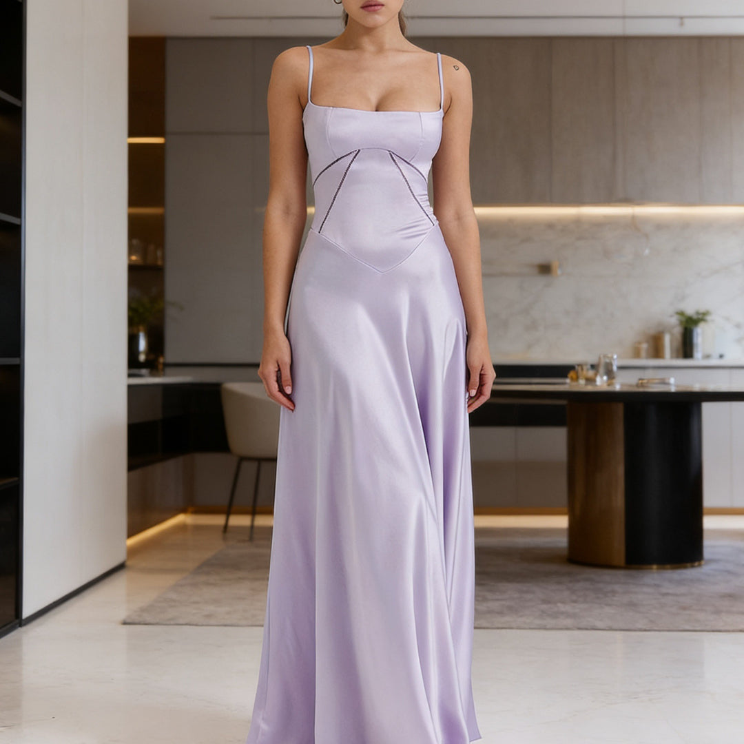 Women's elegant evening gown with floral print bodice and delicate spaghetti straps Skjora