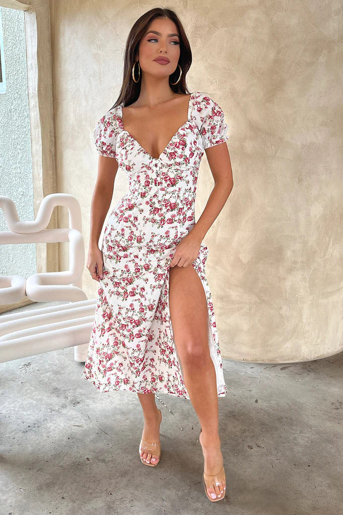 Dame Sommerlig Maxi-kjole med blomsterdesign og elegant splitt Skjora