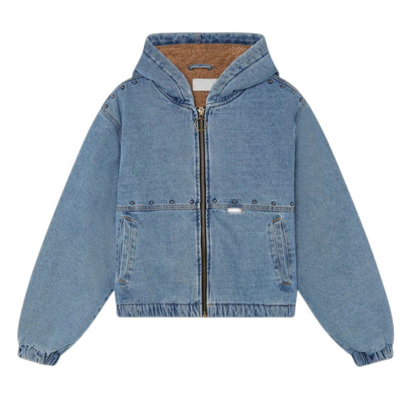 Kvinne denimjakke med hette og lommer Skjora