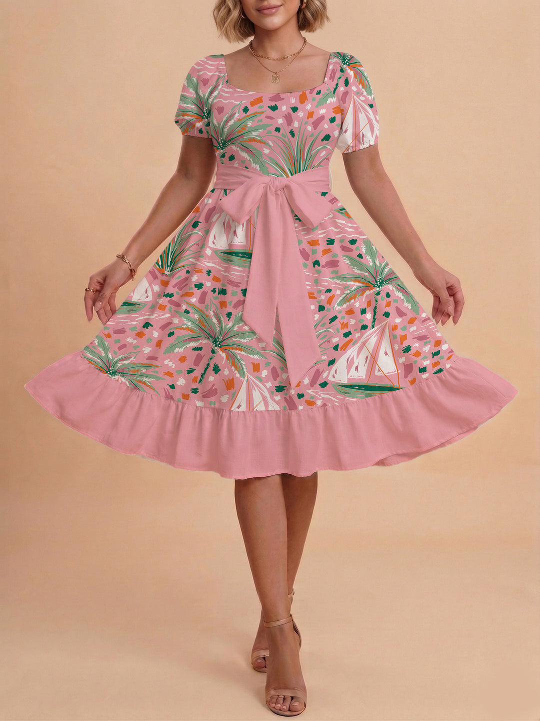 Damen Sommerliches Blumenkleid mit taillierbarem Gürtel und voluminösen Ärmeln Skjora